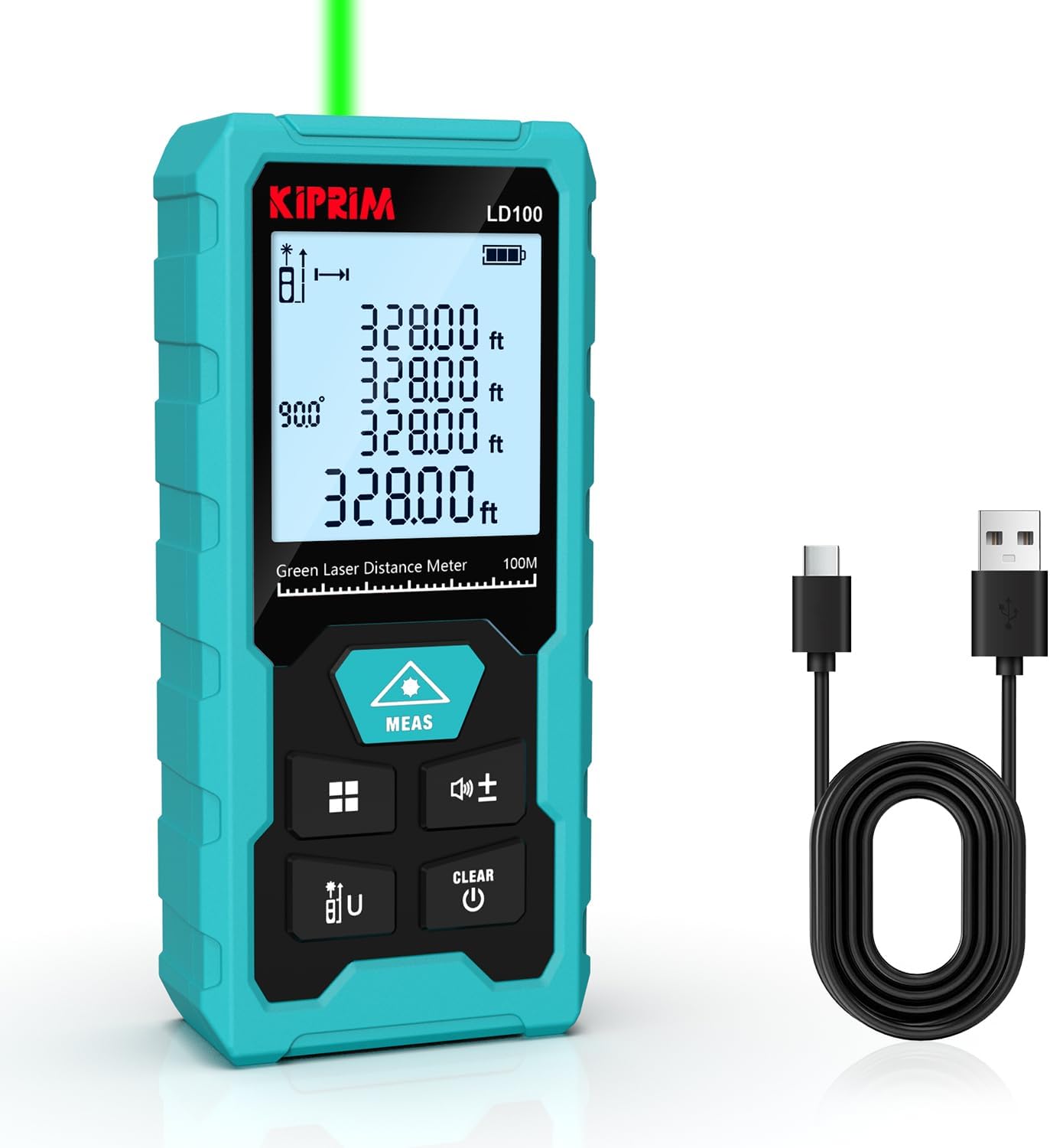 Kiprim LD100 Green Laser Distance Meter,328ft,Rechargeable,Electronic Level | Boasts high precision of ±1/16 inch; built-in electronic level assists horizontal and vertical measuring work.