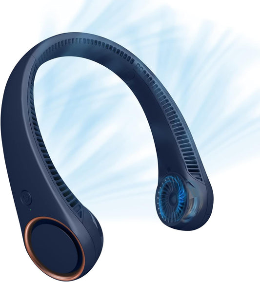 CIVPOWER Neck Fan: Portable Personal Neck Cooling Rechargeable Bladeless Fan - Hands Free 3 Speed 4000 mAh Battery USB Operated Wearable Headphone Design - Gift for Men Women Outdoor (Dark Blue)