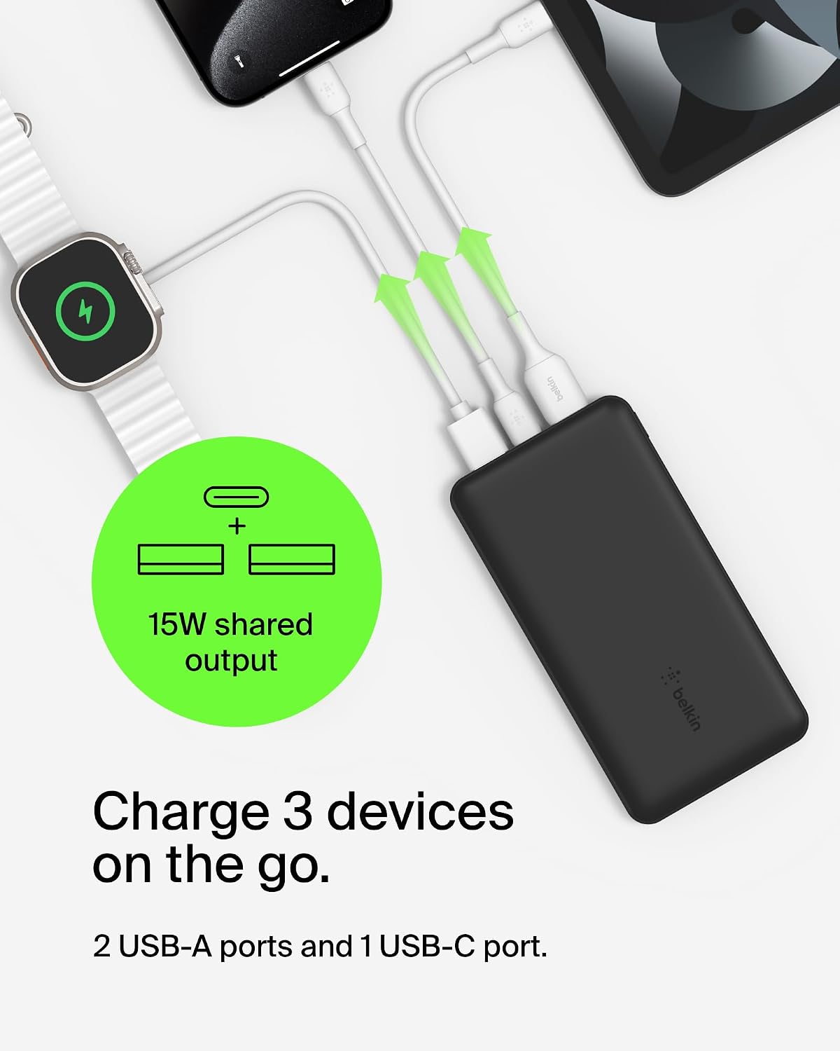 Belkin 10000mAh 15W 3 Port Power Bank, USB A to USB C Cable Included | Fast Charging, iPhone 17, Samsung Galaxy, Pixel, Airpods, iPad, Nintendo Switch 2, Battery Pack, USB C Port, USB A Port