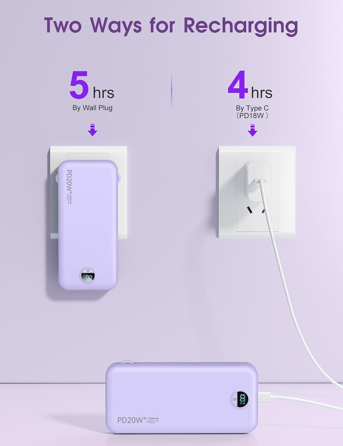 citicr Portable Charger 10000mAh PD20W w/Built-in Cables & Wall Plug Purple | Fast charging, Built-in wall plug, LED display, Charge 5 devices at once, Pass through charging, TSA approved, Pocket size