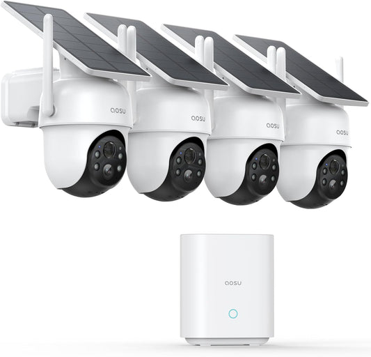 aosu D1 Classic 4-Cam Kit, Security Cameras Wireless Outdoor, Solar Powered | No Subscription Required, 32GB Build-in Storage, 360° Auto Tracking, Solar Powered, 3MP Color Night Vision, Easy Install