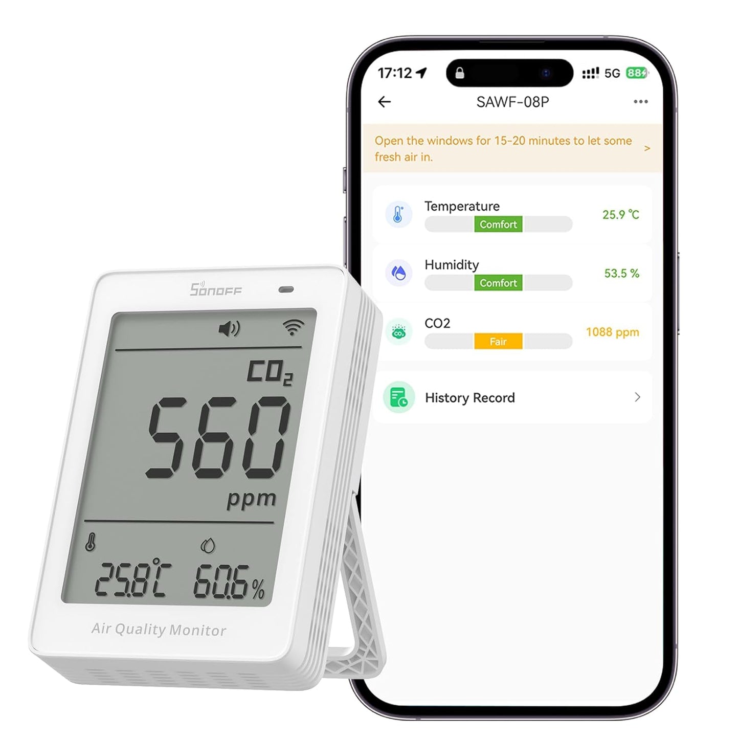 SONOFF AirGuard SAWF-08P, Smart Indoor Air Quality Monitor, Matter Compatible, 2.4GHz WiFi, Carbon Dioxide/Temp/Humidity Monitor, Real-Time Display & Notification, for Indoor Use
