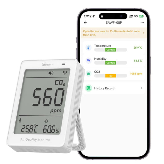 SONOFF AirGuard SAWF-08P, Smart Indoor Air Quality Monitor, Matter Compatible, 2.4GHz WiFi, Carbon Dioxide/Temp/Humidity Monitor, Real-Time Display & Notification, for Indoor Use
