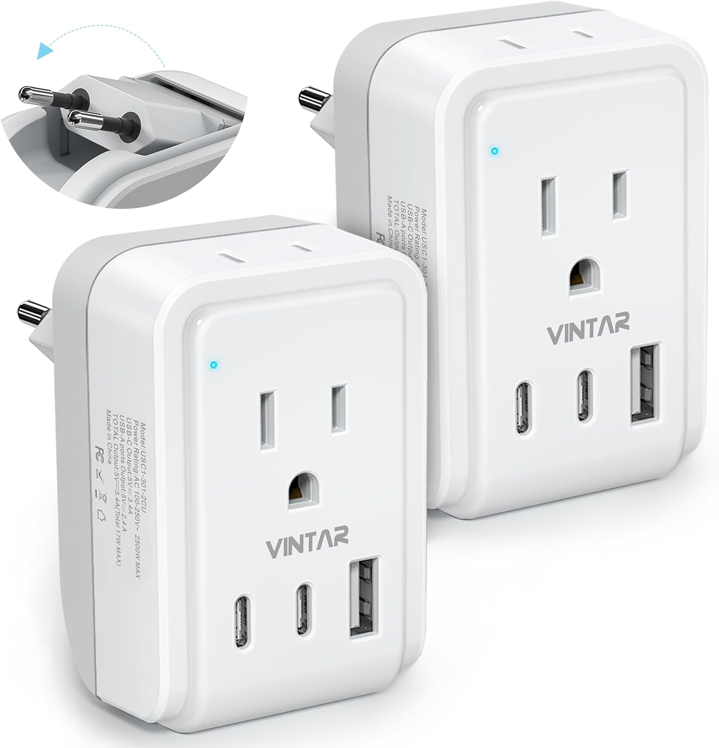 VINTAR 2 Pack European Travel Plug Adapter, Type C Foldable Power Adaptor | 2 AC Outlets 3 USB Charging Ports(2 USB C), International Power Adapter for US to Most Europe EU Italy Spain France Germany