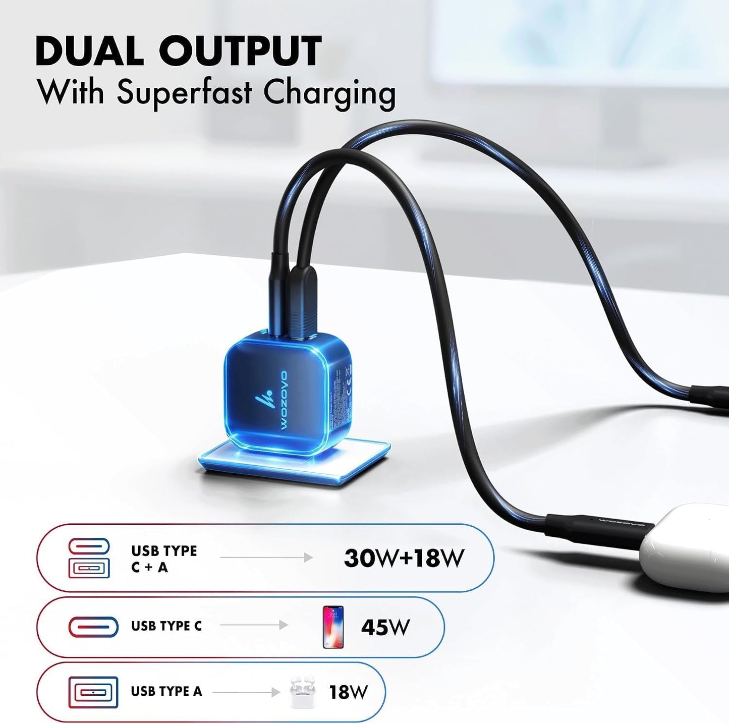 48W GaN Charger Wozoyo Type-C & USB-A Superfast 2.0 Charging, Compatible for iPhone 17/16/16 Pro Max/15 Series/iPad Pro, Smartphones, Tablets and More, PD/PPS/QC 3.0,Compact Foldable Plug