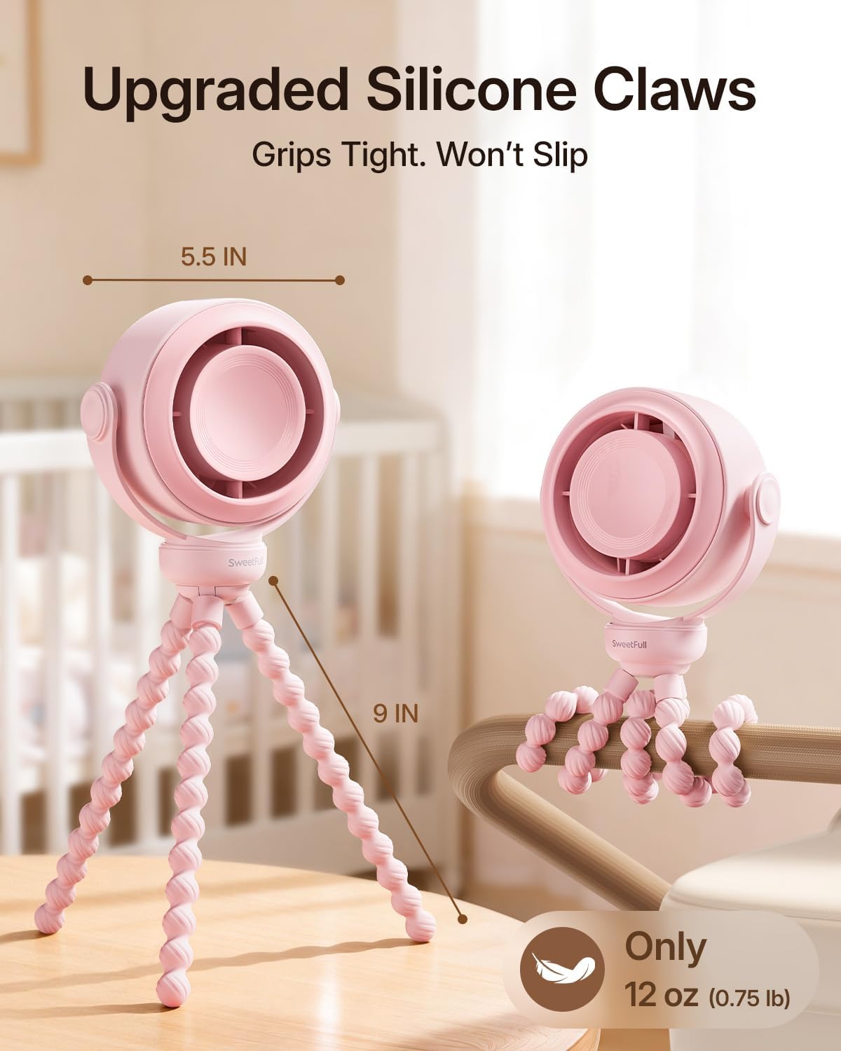 SWEETFULL Portable Stroller Fan, Pinch-Proof Baby Fan - Pink | Wide Turbine Airflow; Safe Design; LED Display; 5-Speed; 30dB Quiet; USB-C Rechargeable; Mini Clip On Fan for Car Seat & Bed