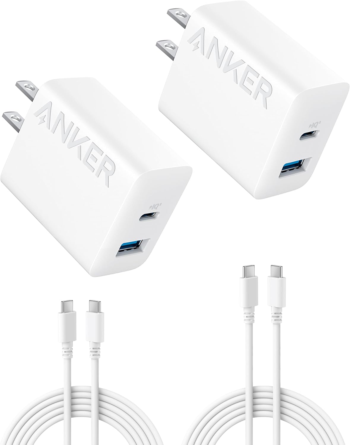Anker Phone Charger, 20W USB C Charger Block, Type C Charger Fast Charging | For iPhone 17/17 Plus/17 Pro Max/16/16 Plus/16 Pro Max/15 Pro Max/iPad Pro and More (2-Pack with 2 Cables, White)
