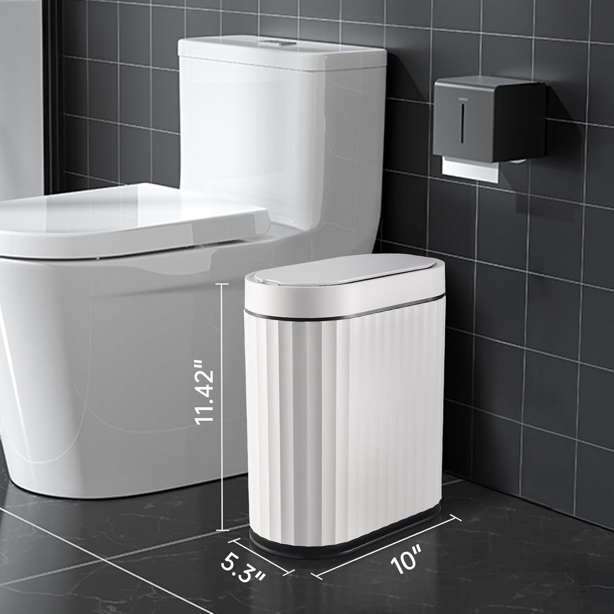 ELPHECO Bathroom Trash Can with Lid, 2 Gallon, Motion Sensor, Black White