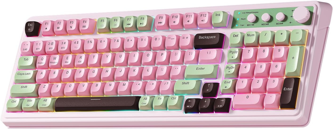 AULA 99 Key Keyboard, Wireless Pink Gaming Keyboard Creamy with Number Pad | Membrane Keyboard,RGB Backlit,Tri-Mode BT/2.4GHz/USB-C,2000mAh Rechargeable Thocky Clicky Creamy Sound Computer Keyboards