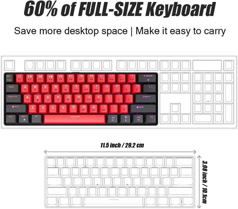 abucow 60% Mechanical Gaming Keyboard Black Switch Wired Compact Keyboard Anti-Ghosting No-Conflict 61 Swappable keycaps Ergonomic Design for Windows/Mac (Black-Red)