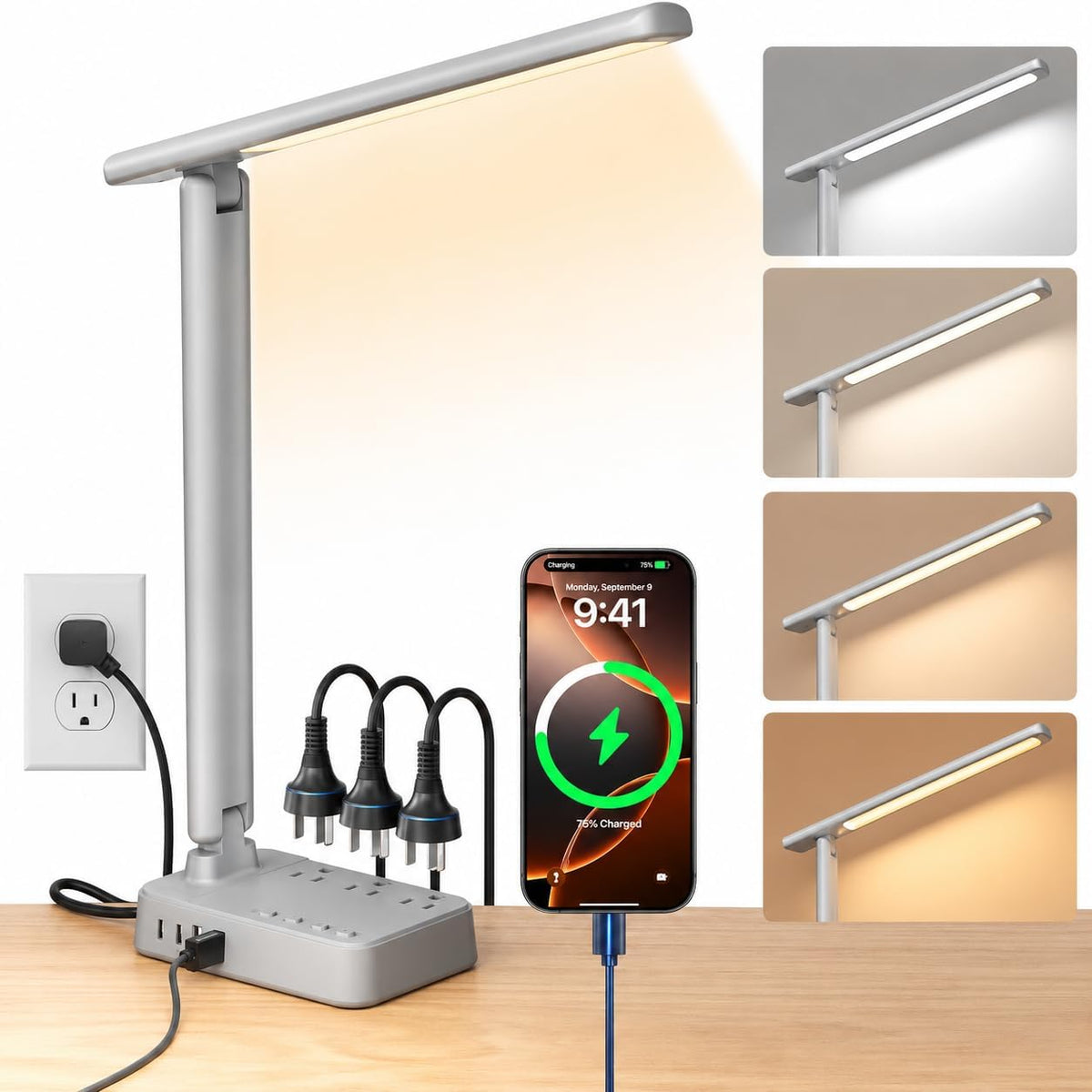 LED Desk Lamp with Power Strip, 3 AC Outlets, 4 USB Ports, Stepless Dimming
