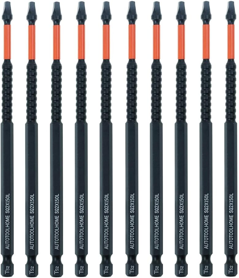10 Pack #2 Square Driver Bits, 6-Inch Impact SQ2 Bits | Long-reach SQ2 Impact Driver Bits with Torsion Zones and Precision Tips for Pocket Hole Jigs
