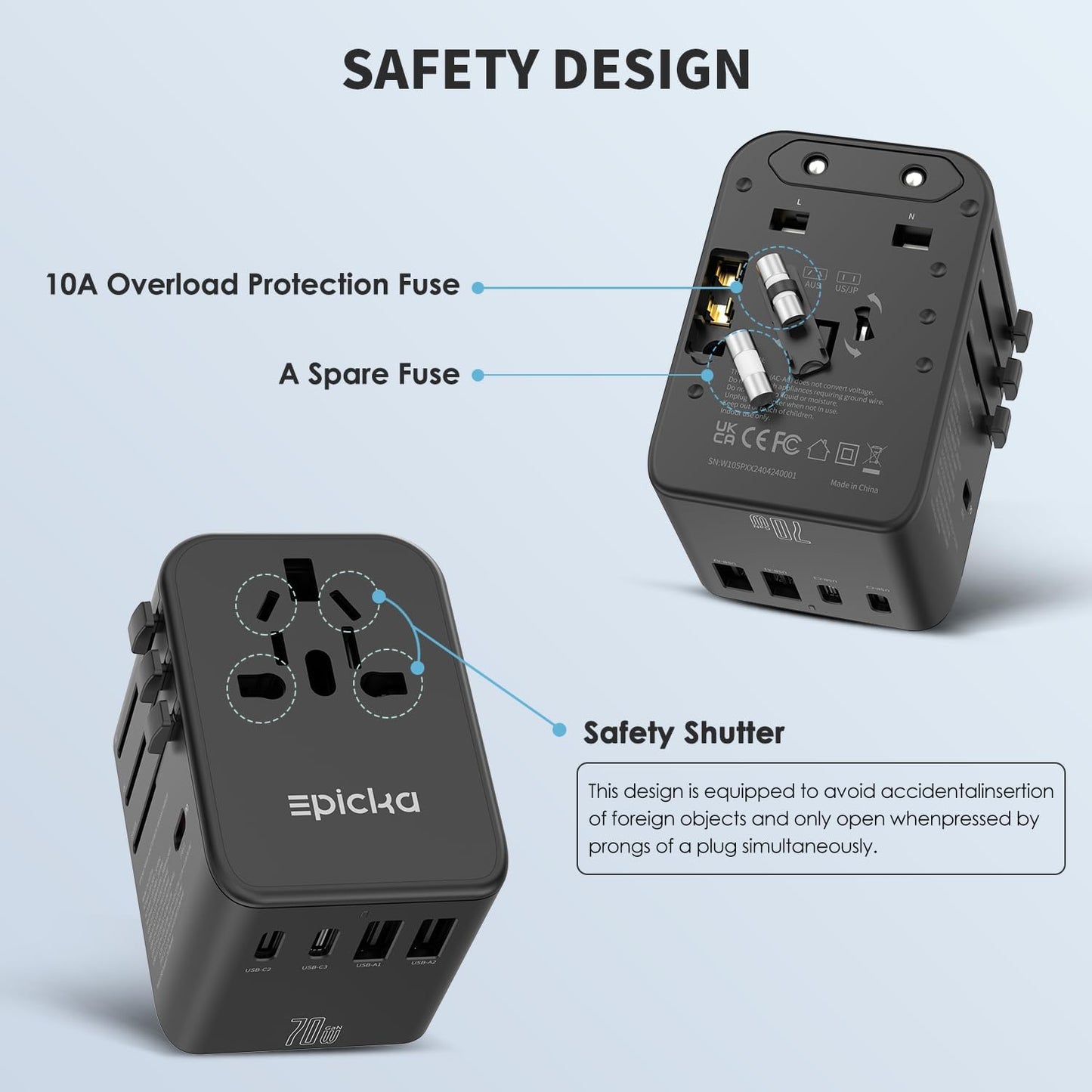 Epicka 70W GaN PD Universal Travel Adapter, 3USB-C/2USB-A | International Power Adapter for EU/US/UK/AU, PD Fast Charging for Multi-Device Travel, TA-105 Pro, Black