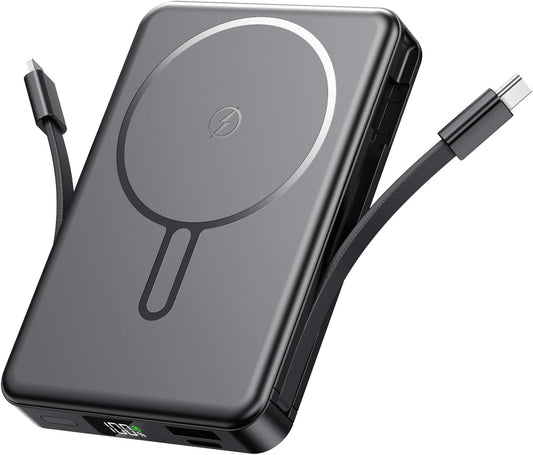 Magnetic Portable Charger, Power Bank Fast Charging 22.5W 10000mAh, Portable Charger with Built in Cable, for Magsafe Battery Pack Compatible with iPhone 17/16/15/14/13/12 Pro/Pro Max, Samsung Black