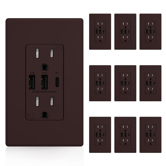 ELEGRP USB Outlets Receptacles, 3-Port Wall Outlet, 30W 6.0A Electrical Outlet, 15 Amp Tamper-Resistant Outlet, UL Listed, Screwless Wall Plate Included, 10 Pack, Matte Brown