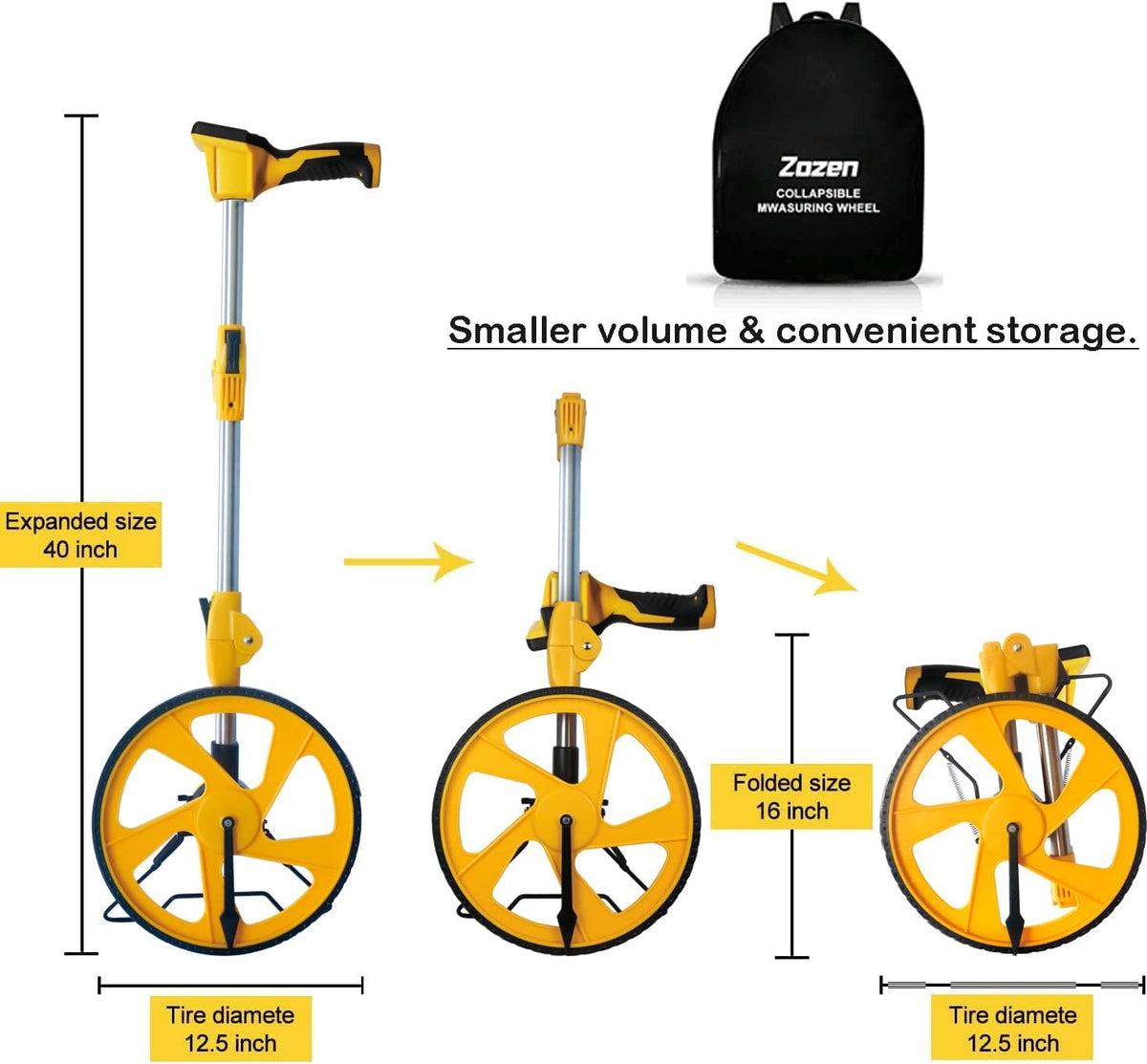 Zozen Measuring Wheel Digital Display, Imperial & Metric, High Precision | 3-Section Foldable, Backlit Display, Measure Wheel Roller Up to 9,999.99Ft/9,999.99M, Kickstand, Include Portable Backpack