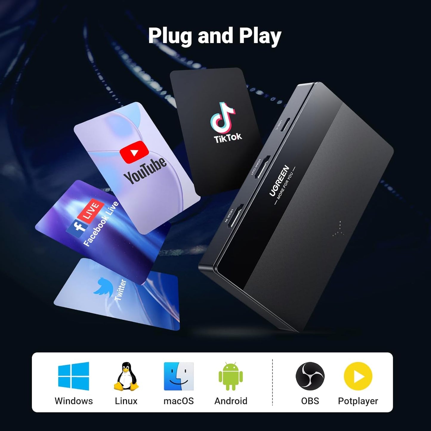 UGREEN Full HD 2K 30Hz 1080P 60FPS Video Capture Card USB C 3.0 | Headphone Mic Port, 4K@30Hz Loop Out, Low Latency for Streaming Gaming Meeting Compatible with Switch2 PS4/5 PC Mac
