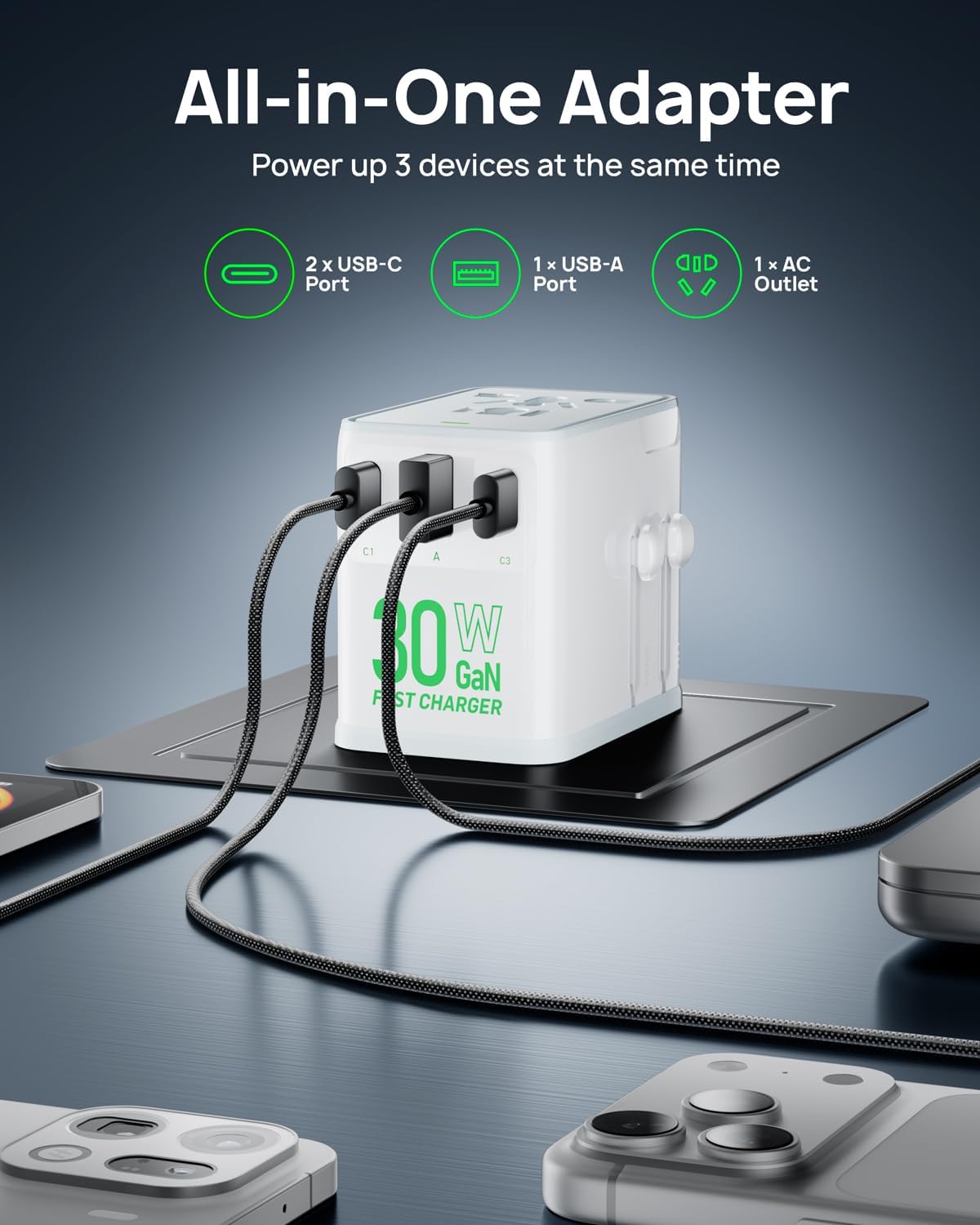 Travel Adapter, 30W GaN Fast Charging European Plug Adapter Worldwide Universal Charger with 4 Ports 1 AC, 1 USB-A, and 2 USB-C Ports Plug Adapter for USA European UK AUS Japan, White