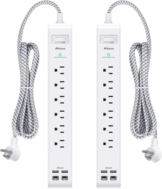 Mifaso 2 Pack Power Strip, 12FT Long Extension Cord, 1080J Surge Protector | 6 AC & 4 USB (2 USB C), Flat Plug Overload Protection, Heavy Duty, Wall Mount Charging Station for Home, Office, Dorm College
