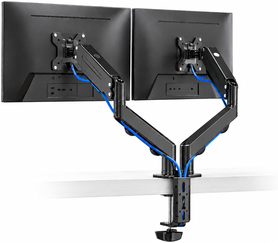 Dual Monitor Arm Full Motion Gas Spring Desk Mount for 17-32" Screens, Space-Saving VESA Stand for Gaming, Work, and Productivity
