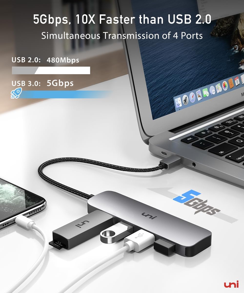 uni USB C to USB Hub Multiport Adapter, Aluminum 4 Ports USB C Splitter