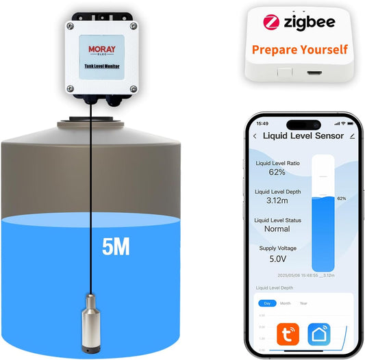 Moray Smart WiFi Water Level Sensor Submersible Tank Level Monitor Water Level Transmitter , Automatic Alarm Indicator for Smart Life APP ZigBee Smart Home Remote IP67 Waterproof (ME202Z5m)