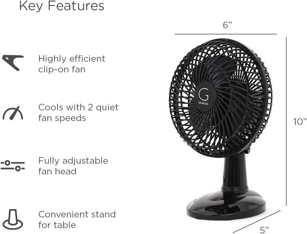 Genesis 6-Inch Clip Convertible Table-Top & Clip Fan Two Quiet Speeds - Ideal For The Home, Office, Dorm, More Black (A1CLIPFANBLACK