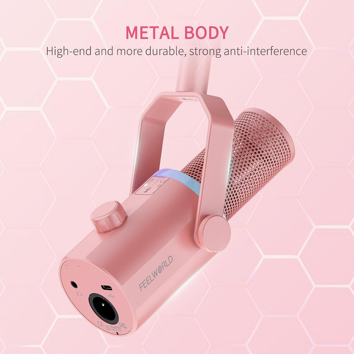 FEELWORLD PM1 Pink XLR USB Metal Podcast Dynamic Microphone with Boom Arm | PC Computer Gaming Streaming Mic with RGB Light, Studio Vocal Mic for Singing Recording Gifts, Mute Button, Headphones Jack