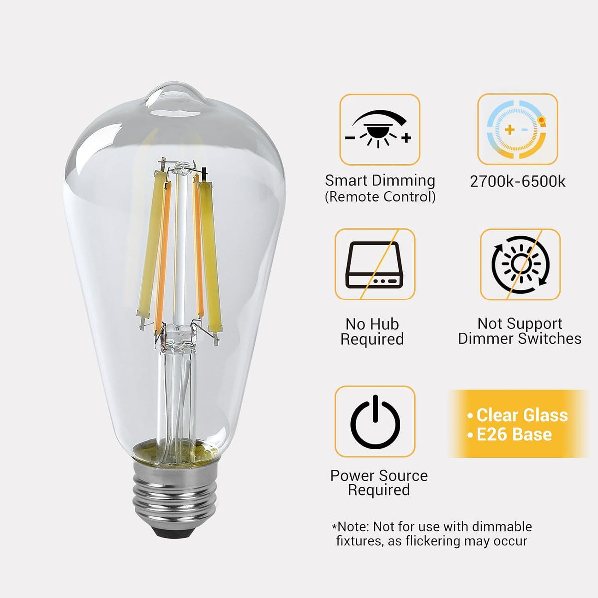 Smart LED Light Bulbs,Remote Control Light Bulb,ST64 Vintage Edison Bulbs with Remote Control,800LM 6W (60W Equivalent),E26 Base,Dimmable 2700K-6500K, 2-Pack(2 Bulbs+1 Remote)