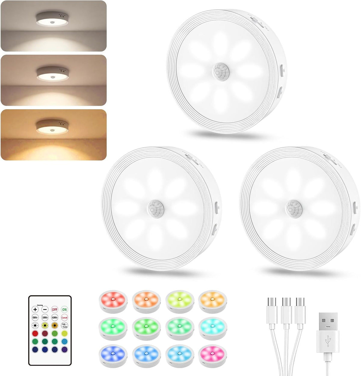 3PACK Rechargeable Puck Lights with Remote Motion Sensor Light indoor White