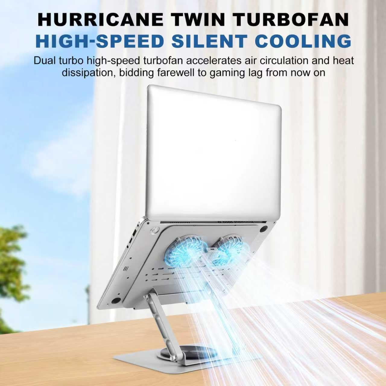 Laptop Cooling Stand with 2 Detachable Fans, 360° Rotating Adjustable Laptop Stand, Carbon Steel Ergonomic Laptop Riser, Anti-Slip Base for 10-17.3" Notebook MacBook, Office Home Gaming