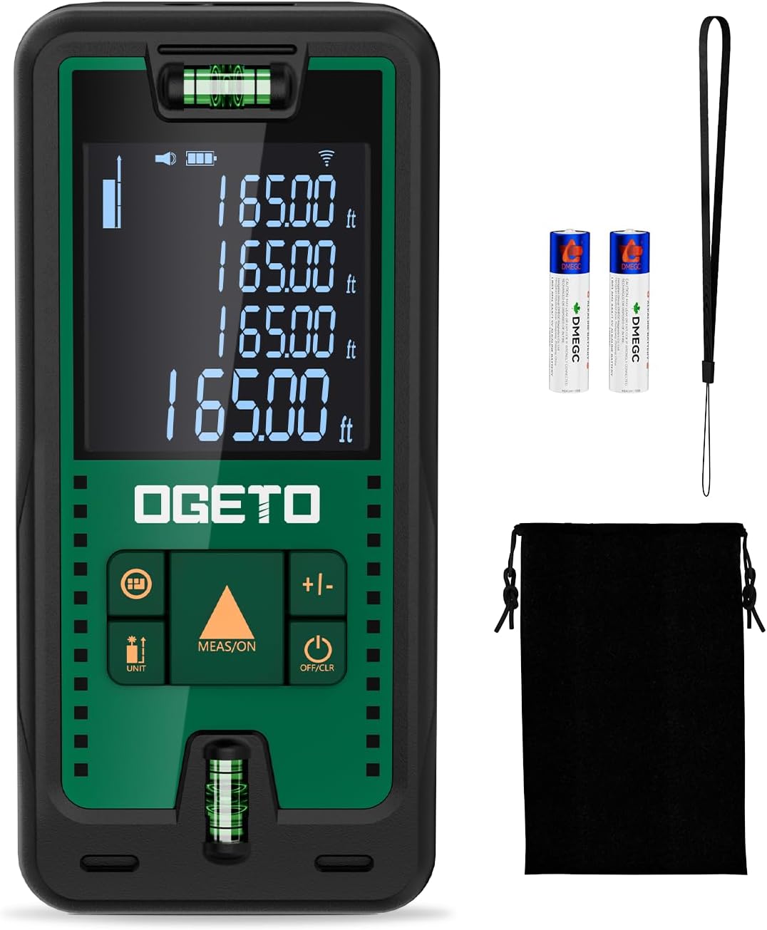 Laser Measure, Ogeto 165 Feet Digital Laser Distance Meter with 2 Bubble Levels,M/in/Ft Unit Switching Backlit LCD and Pythagorean Mode, Measure Distance, Area and Volume