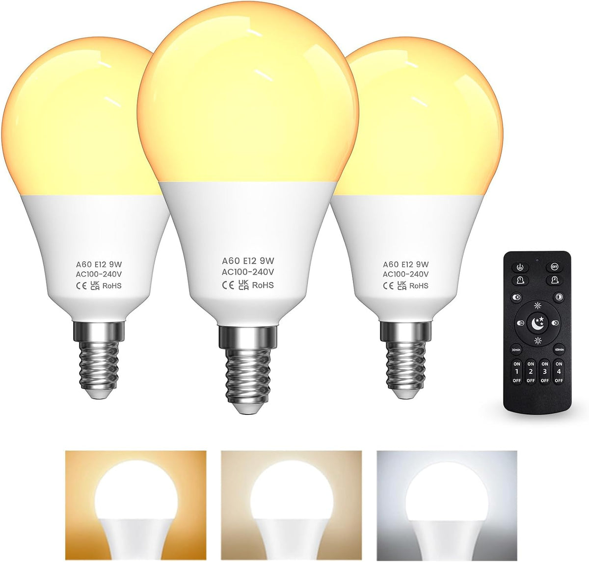 E12 LED Candelabra Light Bulbs 9W, 3 Bulb & 1 Remote