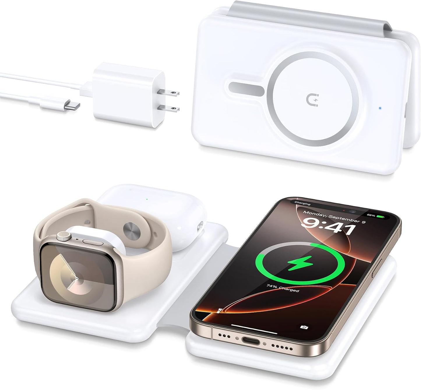 3 in 1 Wireless Charging Station for iPhone 17 16 15 14 13 12 Pro Max Plus – Foldable Magnetic Charger Pad for Apple Watch Series & AirPods – Fast Wireless Charging Dock for Travel & Home