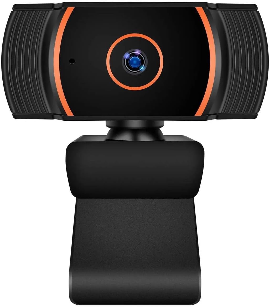 Generic HD Webcam 1080p with Built-in Microphone - 360° Rotation Pan & Tilt - Attachable Desktop Cam Perfect for Remote Work, Online Course Taking, Streaming, & Gaming, Black and Orange, ZHY1566