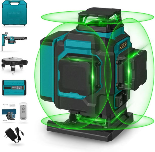 Takamine 16 Lines Green Laser Level Pro, 4x360° 4D Green Cross Line Professional for Construction, Two 360° Vertical and Two 360° Horizontal Laser Level Pulse Mode and Remote Controller