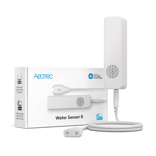Aeotec Water Sensor 8, Z-Wave Plus 800 Series with Long Range Support, Leak Detector with Temperature & Humidity, SmartThings Compatible, Battery or USB-C Powered Flood Sensor