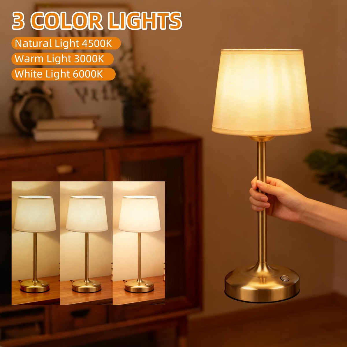 Deogos Cordless Table Lamp Gold with Dimmer, 4000mAH Battery Operated Lamp Rechargeable, 3 Color Temperature Touch Control Fabric Desk Light for Dining Room, Bedroom, Bar, Patio, Counter, Restaurant