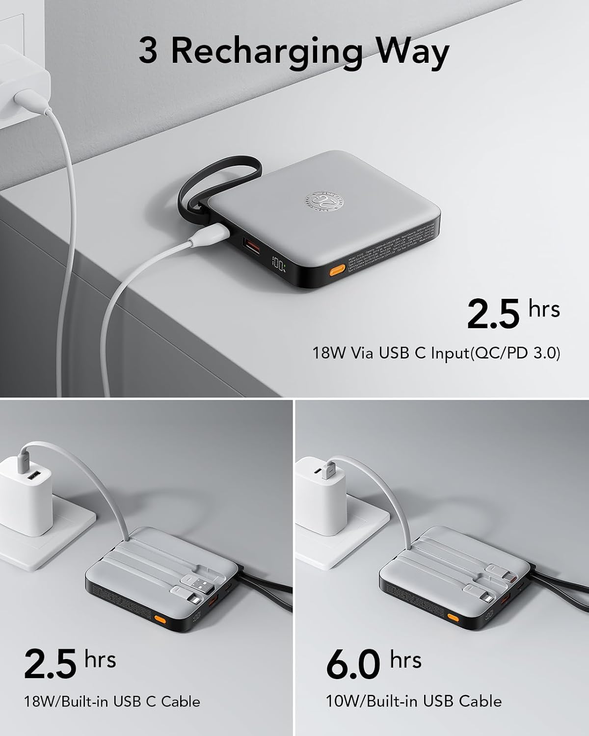 VRURC Portable Charger with Built-in Cables, 10000mAh 22.5W Fast Charging | Compact Battery Pack with LED Display, Cell Phone Power Bank for iPhone 17/16/15 Series , Samsung Galaxy & USB-C Devices,Grey