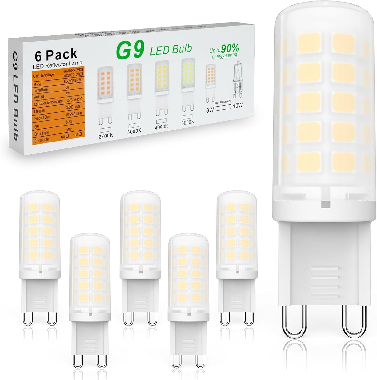 BAOMING G9 LED Bulb Non-Dimmable 3W (40W Equivalent) - 3000K Warm White, No Flicker, Energy Saving, Plastic Base - 6 Pack for Bedroom, Chandelier