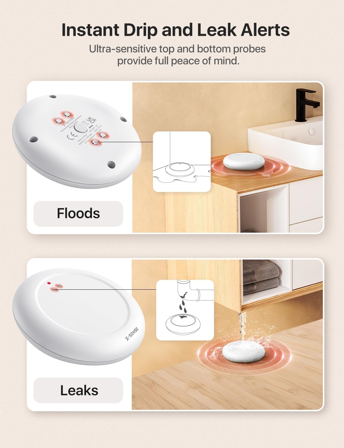 X-Sense Ultra-Slim Wi-Fi Water Leak Detector, 4 Sensors + Base Station | 0.7 in Thin Design, Real-Time Alerts, Detects Water as Low as 0.4 mm, 1700 ft Range, Under Appliances & Behind Toilets