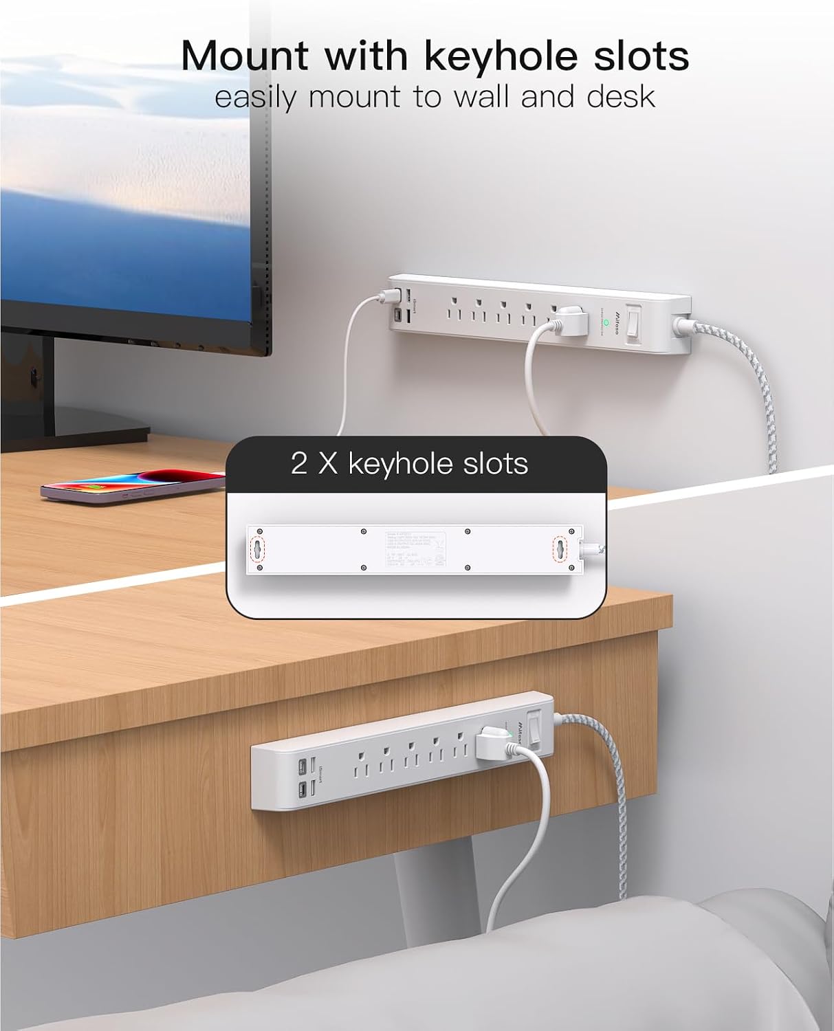 Mifaso 2 Pack Power Strip, 12FT Long Extension Cord, 1080J Surge Protector | 6 AC & 4 USB (2 USB C), Flat Plug Overload Protection, Heavy Duty, Wall Mount Charging Station for Home, Office, Dorm College