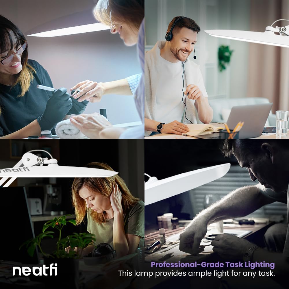 Neatfi XL 2200 Lumens 20W LED Desk Lamp with Clamp – Adjustable Color Temperature | 4-Level Dimmable Light | Home Office, Crafts & Workbench | 20-Inch Wide Head (White, CCT with Clamp)
