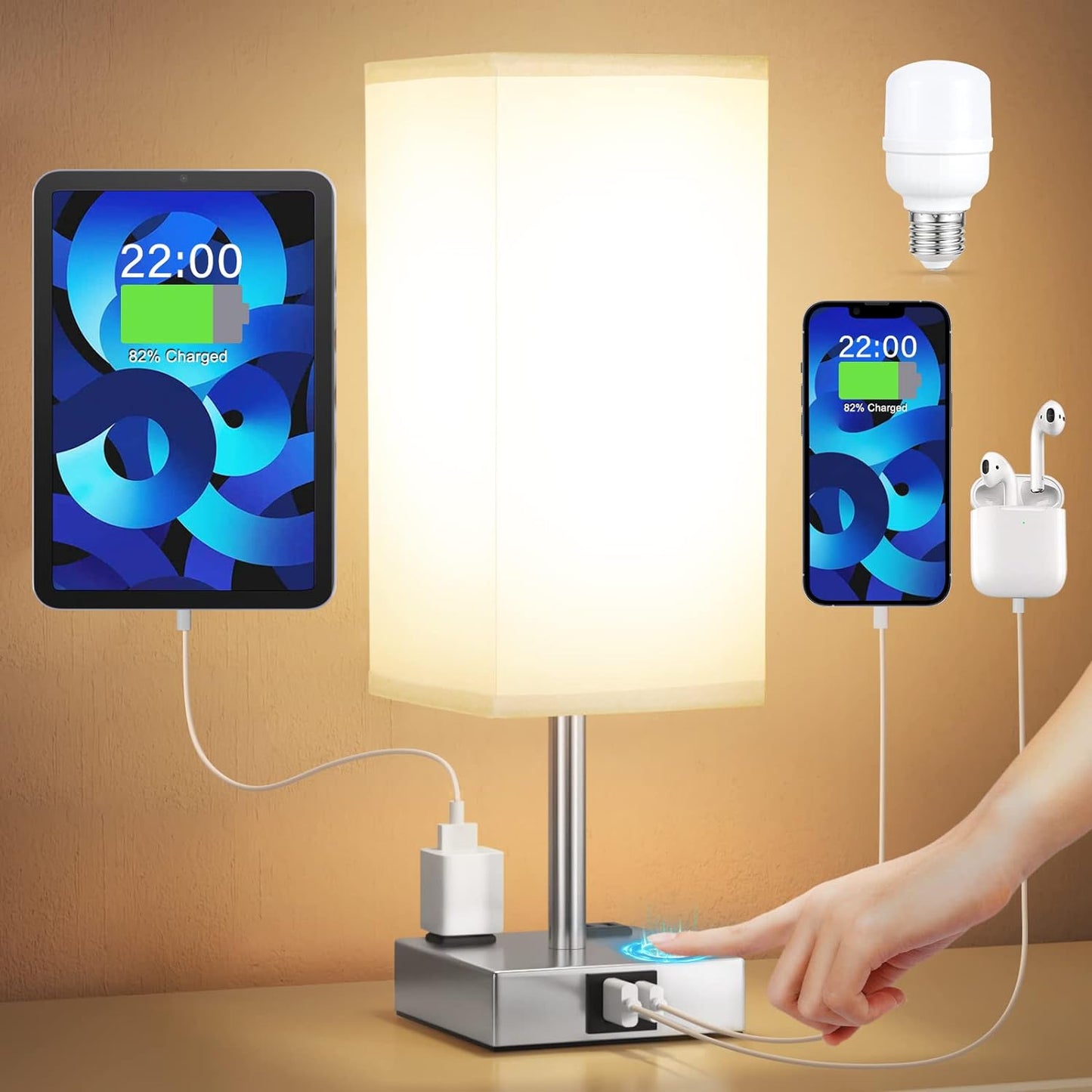 Touch Bedside Table Lamp for Bedroom - Dimmable, USB C+A, 2 AC Outlets | 3-Way Dimming, 3000K Bulb Included, Square Grey Lampshade and Silver Base, Desk Lamp for Nightstand, Living Room, Dorm