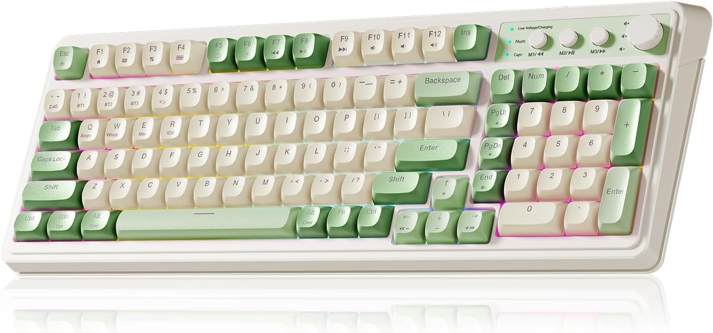 AULA 99 Key Keyboard, Wireless Pink Gaming Keyboard Creamy with Number Pad | Membrane Keyboard,RGB Backlit,Tri-Mode BT/2.4GHz/USB-C,2000mAh Rechargeable Thocky Clicky Creamy Sound Computer Keyboards