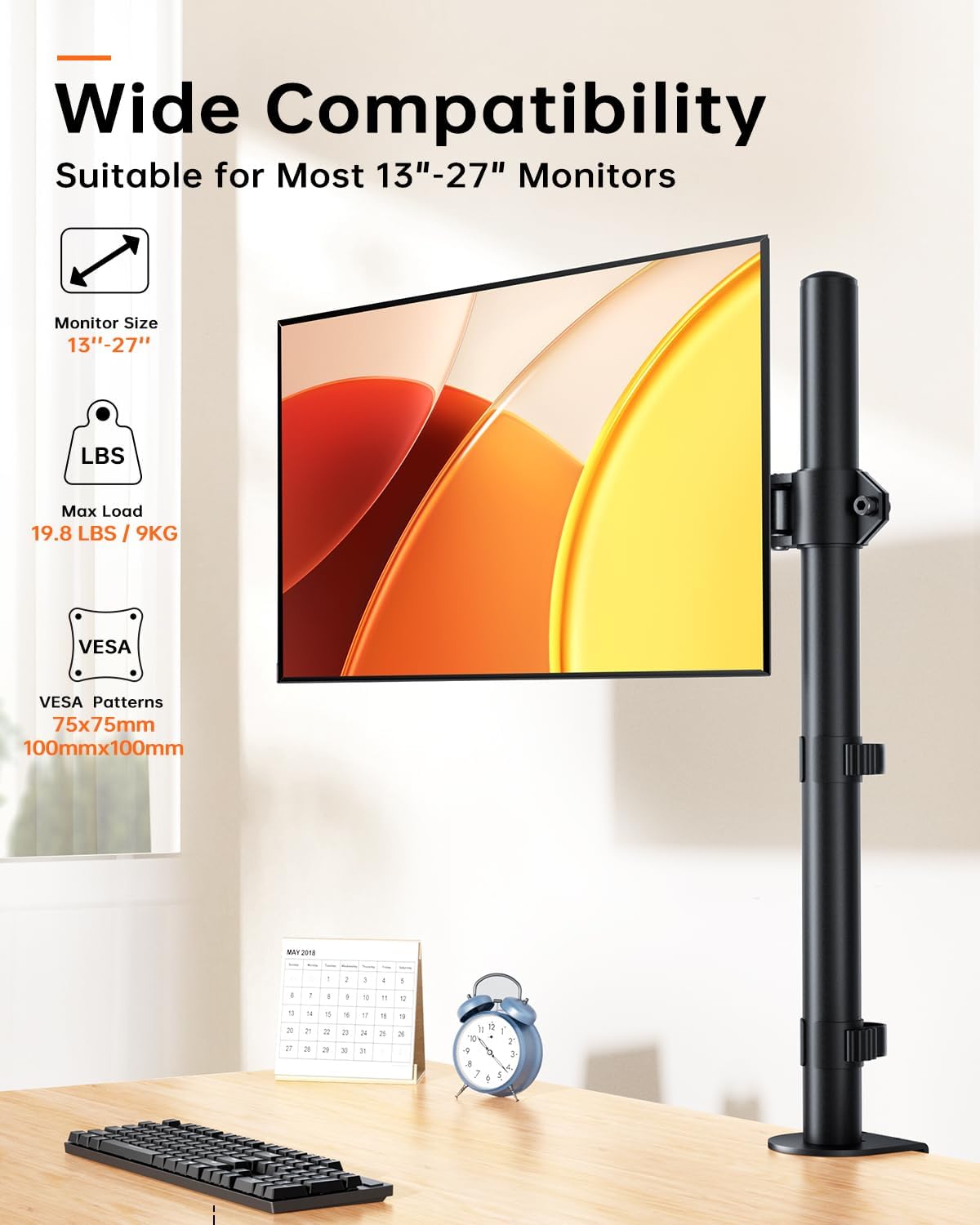 Monitor Arm Desk Mount for 13-27'' Monitors, Single Extra Tall 31.5 Inch Monitor Stand Holds up to 17.6lbs with Swivel, Tilt, Height Adjustable, C-Clamp, 75x75-100x100mm VESA