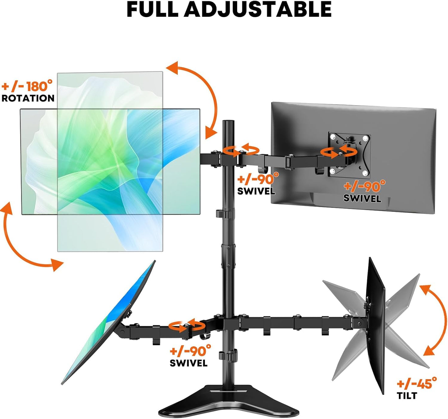 PUTORSEN Quad Monitor Stand for 4 Screens, 17-32", 19.8 lbs Each | Stacked 4-Screen Desk Mount with Full-Motion Arms, VESA 75/100, Tilt, Swivel & Rotation, Larger Base with Phone Slot, Black