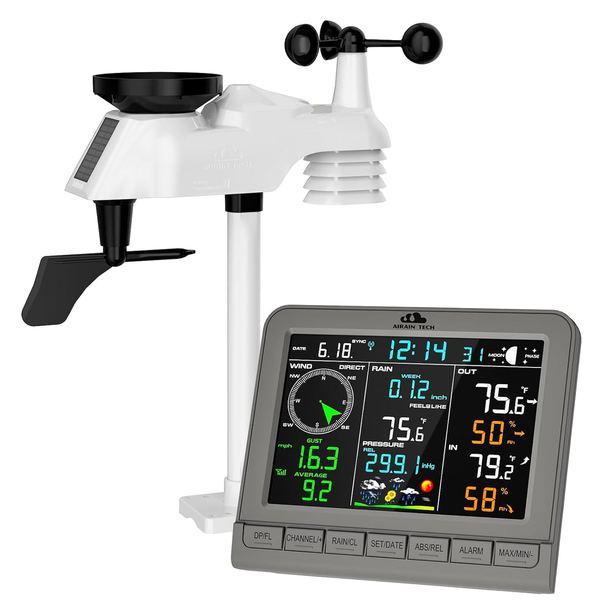 Wireless Weather Station,Featuring a rain Gauge,Wind Speed/Wind Direction, Indoor Temperature/Humidity,barometric Pressure,Alarm Clock, Moon Phase,Weather Forecast, etc. (No WiFi).