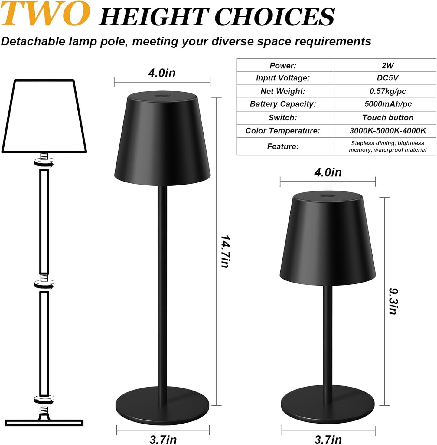 Kakanuo Cordless Table Lamp Rechargeable Black - KK 2 Pack 5000mAH Battery Operated Lamp for Counter, 3 Color Stepless Dimming Wireless Lamp for Dining Kitchen, Outdoor Patio, Touch Control
