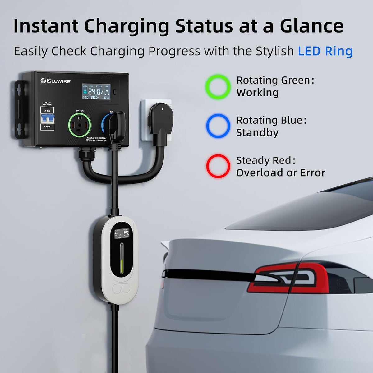 Smart Dryer Splitter for EV and Dryer, 240V Auto Power Switch for Dryer Outlet, 3-Color LED Ring, 3.4" LCD Display, No Rewiring Needed, NEMA 14-30 Plug, NEMA 14-30 & NEMA 14-50 Outlets (24 Amp)